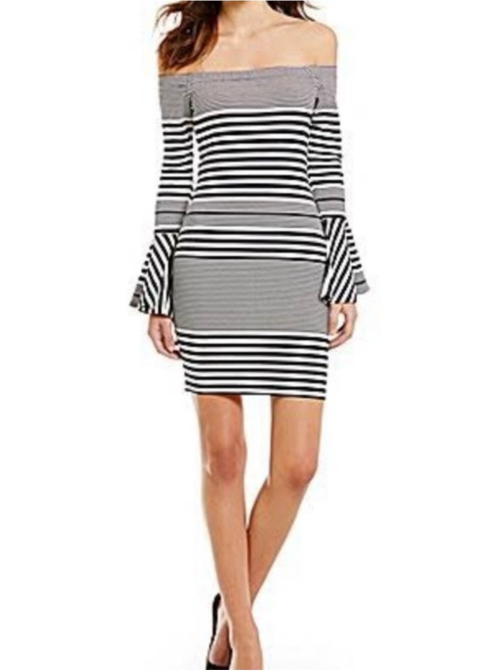 Sugarlips Black & White Striped Off-Shoulder Bell Sleeve Mini Dress